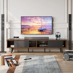 Meuble TV 70" en bois massif de style Mid-Century | Meuble de divertissement, convient aux téléviseurs de 75"