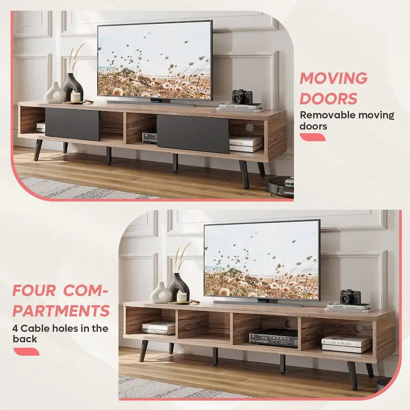 Meuble TV 70" en bois massif de style Mid-Century | Meuble de divertissement, convient aux téléviseurs de 75"