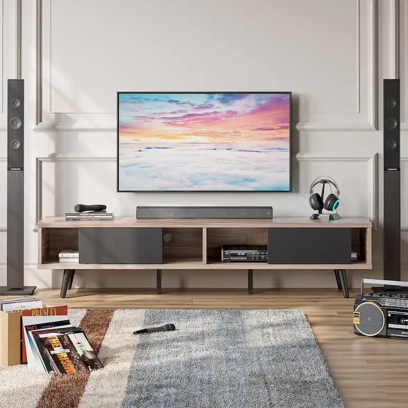 Meuble TV 70" en bois massif de style Mid-Century | Meuble de divertissement, convient aux téléviseurs de 75"