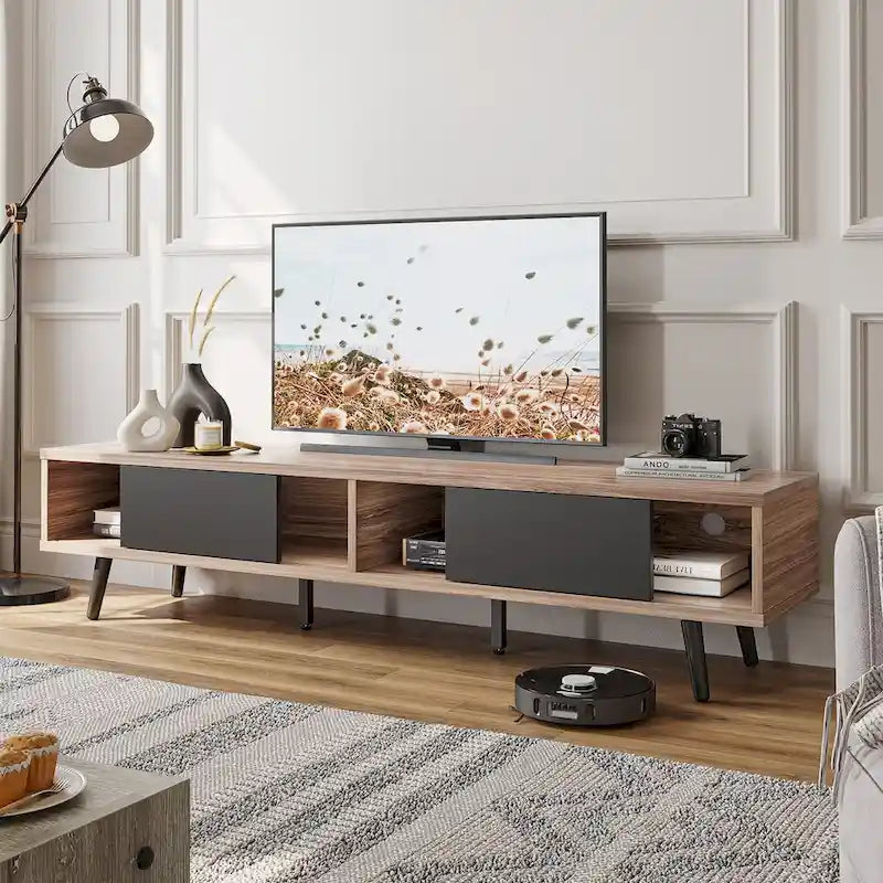 Meuble TV 70" en bois massif de style Mid-Century | Meuble de divertissement, convient aux téléviseurs de 75"