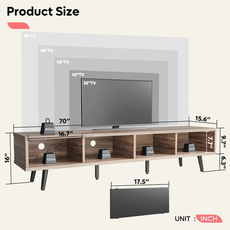 Meuble TV 70" en bois massif de style Mid-Century | Meuble de divertissement, convient aux téléviseurs de 75"