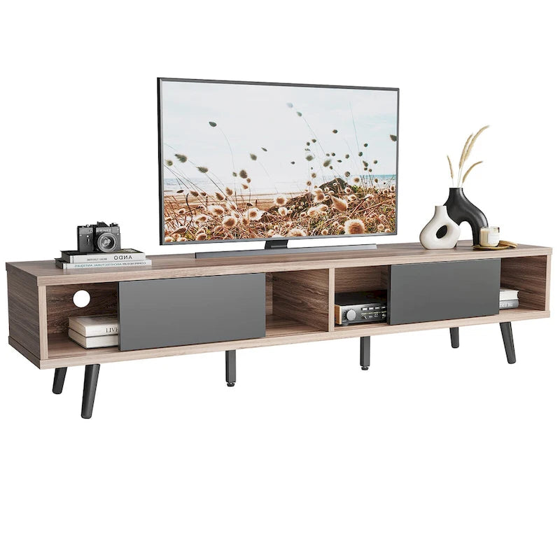 Meuble TV 70" en bois massif de style Mid-Century | Meuble de divertissement, convient aux téléviseurs de 75"