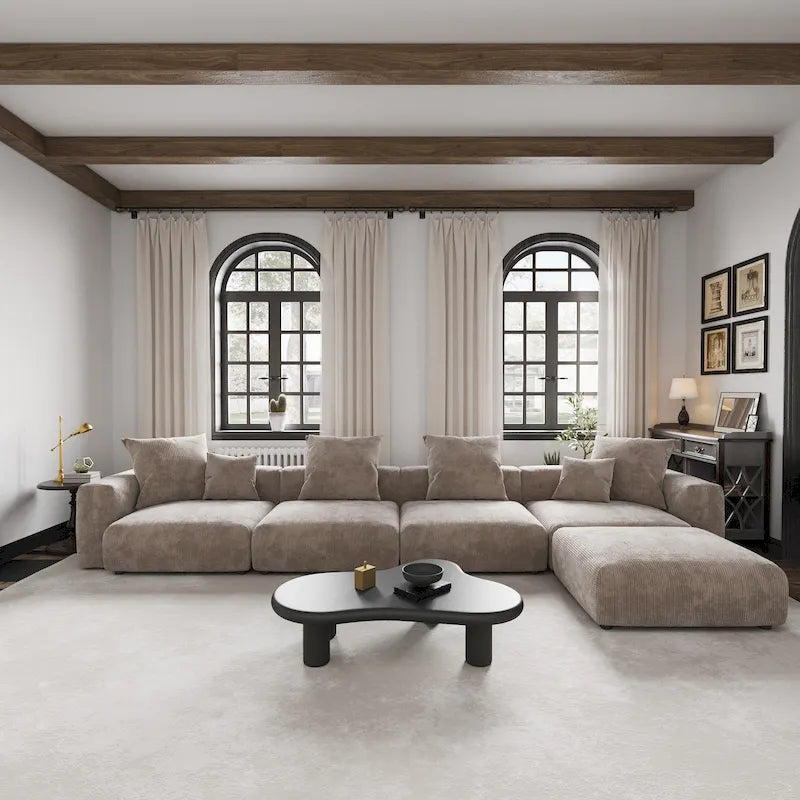 Canapé d'angle en velours côtelé en forme de L | Ensemble rembourré 5 pièces, salon moderne
