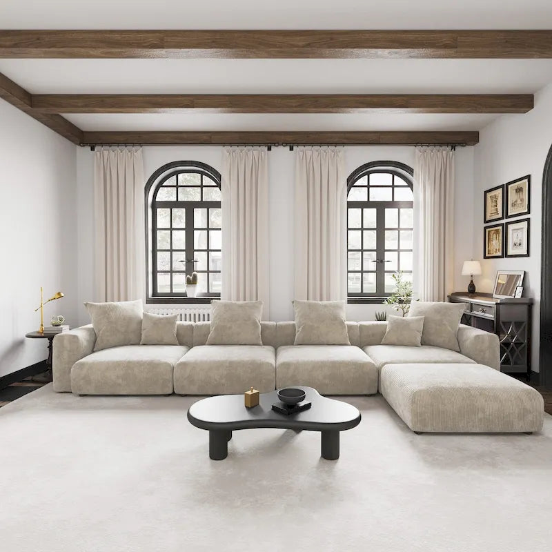 Canapé d'angle en velours côtelé en forme de L | Ensemble rembourré 5 pièces, salon moderne