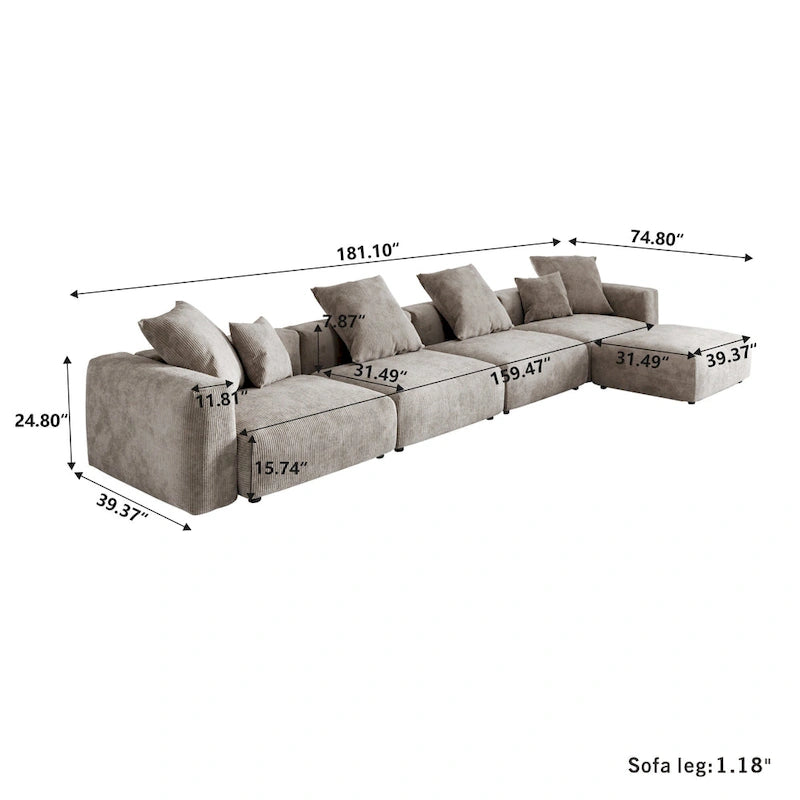 Canapé d'angle en velours côtelé en forme de L | Ensemble rembourré 5 pièces, salon moderne