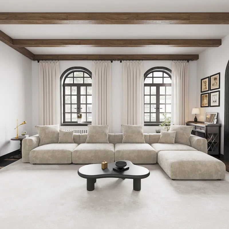 Canapé d'angle en velours côtelé en forme de L | Ensemble rembourré 5 pièces, salon moderne