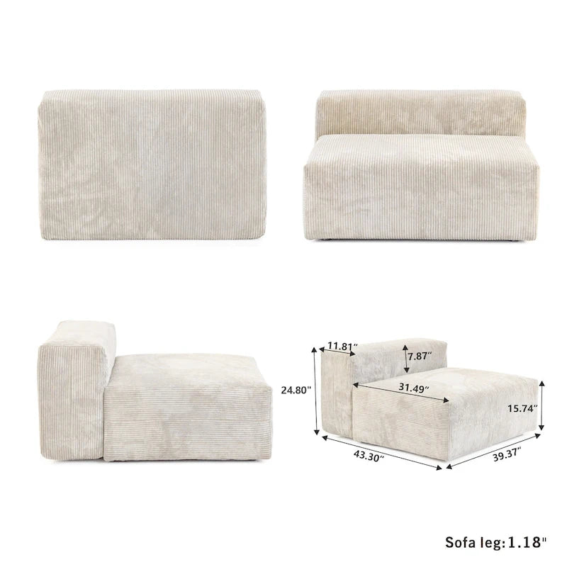 Canapé d'angle en velours côtelé en forme de L | Ensemble rembourré 5 pièces, salon moderne