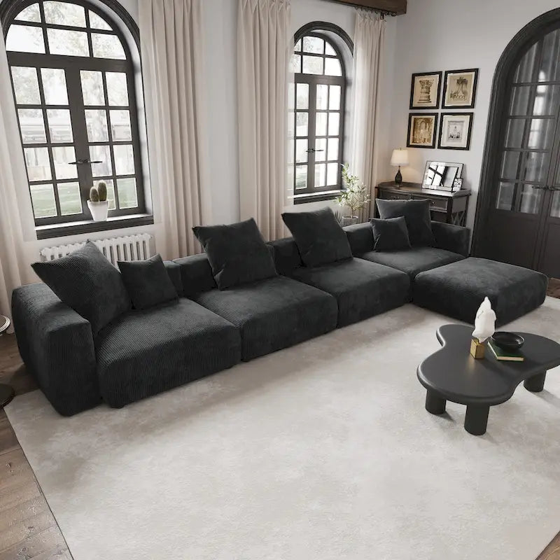 Canapé d'angle en velours côtelé en forme de L | Ensemble rembourré 5 pièces, salon moderne