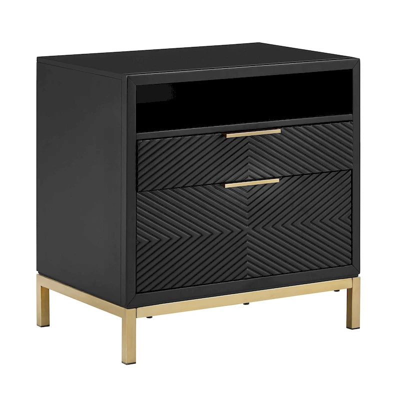 Table de chevet à 2 tiroirs avec ports USB et prises de courant | Panneaux à chevrons, poignées en laiton, H 66 cm