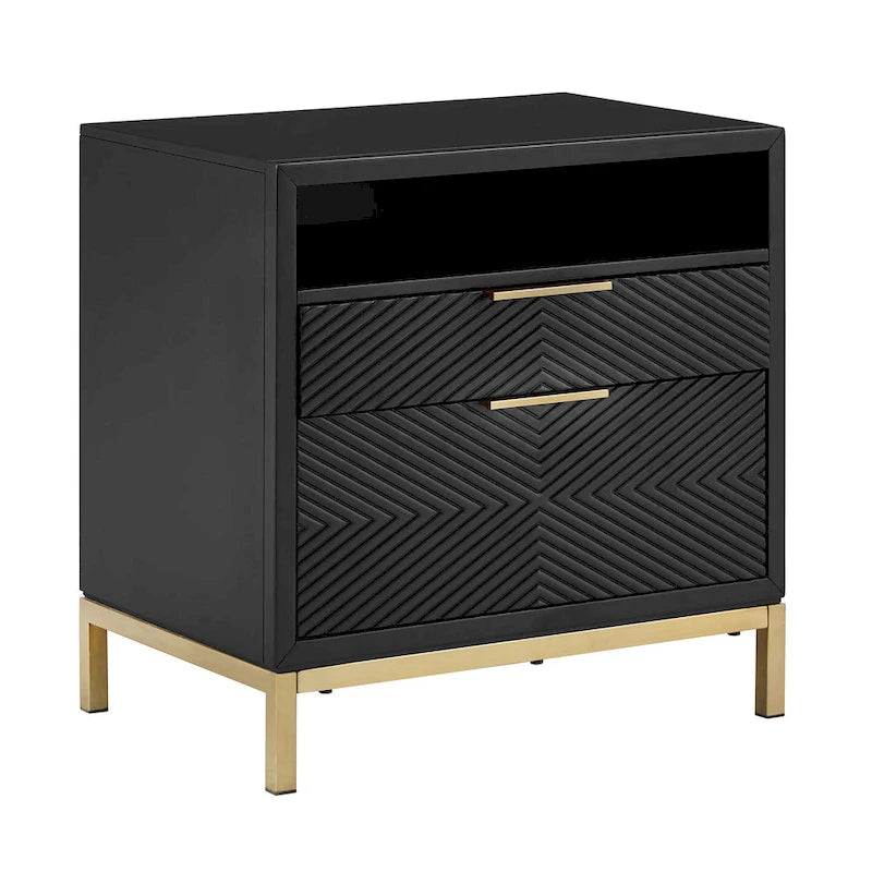 Table de chevet à 2 tiroirs avec ports USB et prises de courant | Panneaux à chevrons, poignées en laiton, H 66 cm