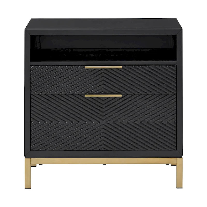 Table de chevet à 2 tiroirs avec ports USB et prises de courant | Panneaux à chevrons, poignées en laiton, H 66 cm