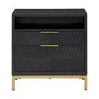 Table de chevet à 2 tiroirs avec ports USB et prises de courant | Panneaux à chevrons, poignées en laiton, H 66 cm