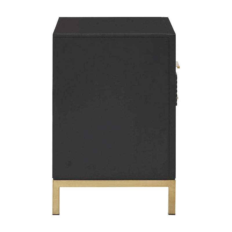 Table de chevet à 2 tiroirs avec ports USB et prises de courant | Panneaux à chevrons, poignées en laiton, H 66 cm