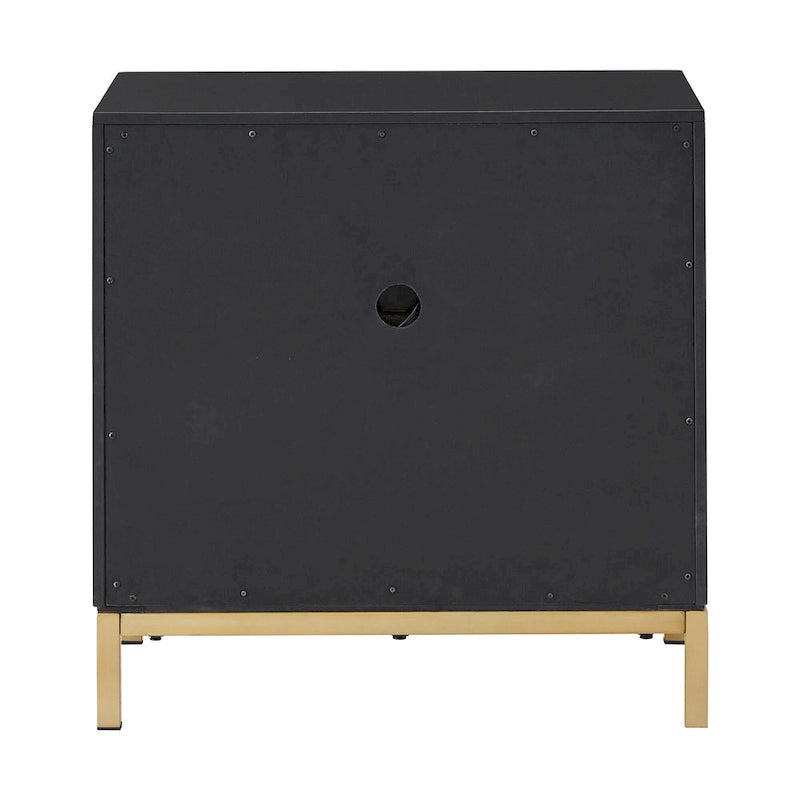 Table de chevet à 2 tiroirs avec ports USB et prises de courant | Panneaux à chevrons, poignées en laiton, H 66 cm
