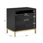 Table de chevet à 2 tiroirs avec ports USB et prises de courant | Panneaux à chevrons, poignées en laiton, H 66 cm