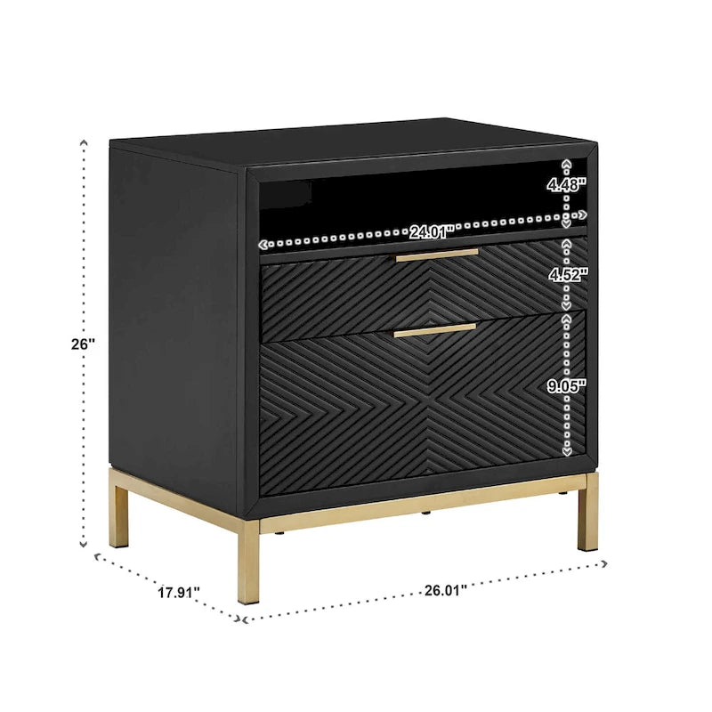 Table de chevet à 2 tiroirs avec ports USB et prises de courant | Panneaux à chevrons, poignées en laiton, H 66 cm