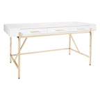 Bureau moderne blanc laqué pour télétravail avec 3 tiroirs | Pieds dorés, station de charge, 162,5 cm de large
