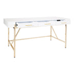 Bureau moderne blanc laqué pour télétravail avec 3 tiroirs | Pieds dorés, station de charge, 162,5 cm de large