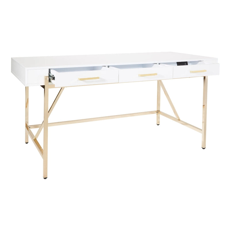 Bureau moderne blanc laqué pour télétravail avec 3 tiroirs | Pieds dorés, station de charge, 162,5 cm de large