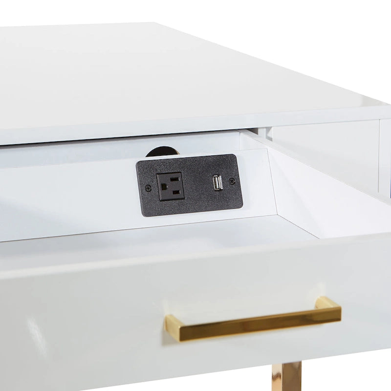 Bureau moderne blanc laqué pour télétravail avec 3 tiroirs | Pieds dorés, station de charge, 162,5 cm de large
