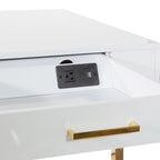 Bureau moderne blanc laqué pour télétravail avec 3 tiroirs | Pieds dorés, station de charge, 162,5 cm de large