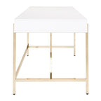 Bureau moderne blanc laqué pour télétravail avec 3 tiroirs | Pieds dorés, station de charge, 162,5 cm de large