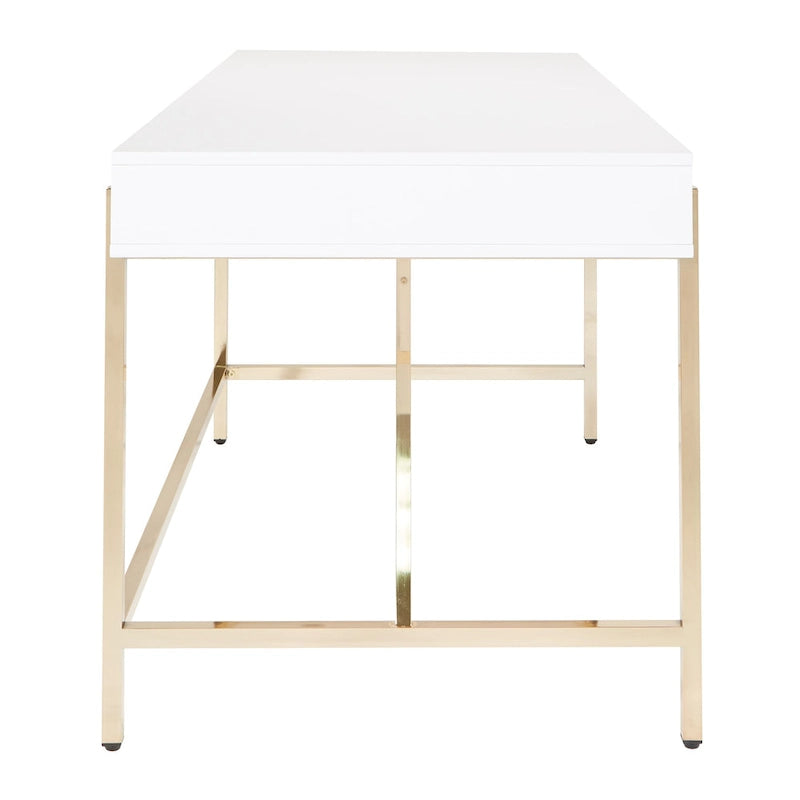 Bureau moderne blanc laqué pour télétravail avec 3 tiroirs | Pieds dorés, station de charge, 162,5 cm de large