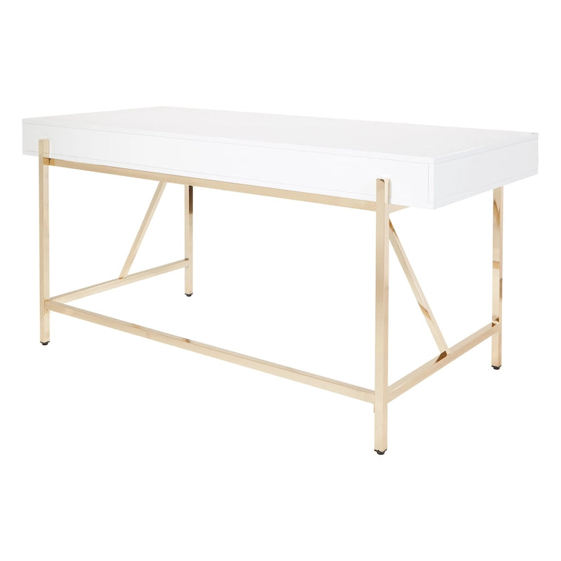 Bureau moderne blanc laqué pour télétravail avec 3 tiroirs | Pieds dorés, station de charge, 162,5 cm de large