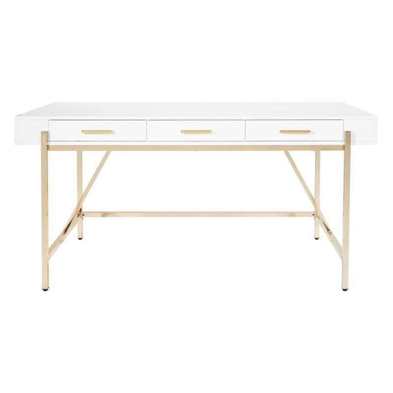 Bureau moderne blanc laqué pour télétravail avec 3 tiroirs | Pieds dorés, station de charge, 162,5 cm de large