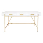 Bureau moderne blanc laqué pour télétravail avec 3 tiroirs | Pieds dorés, station de charge, 162,5 cm de large