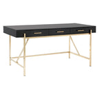 Bureau moderne blanc laqué pour télétravail avec 3 tiroirs | Pieds dorés, station de charge, 162,5 cm de large