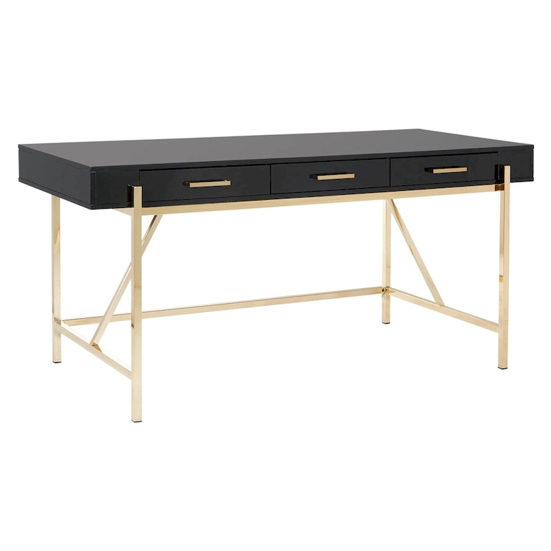 Bureau moderne blanc laqué pour télétravail avec 3 tiroirs | Pieds dorés, station de charge, 162,5 cm de large