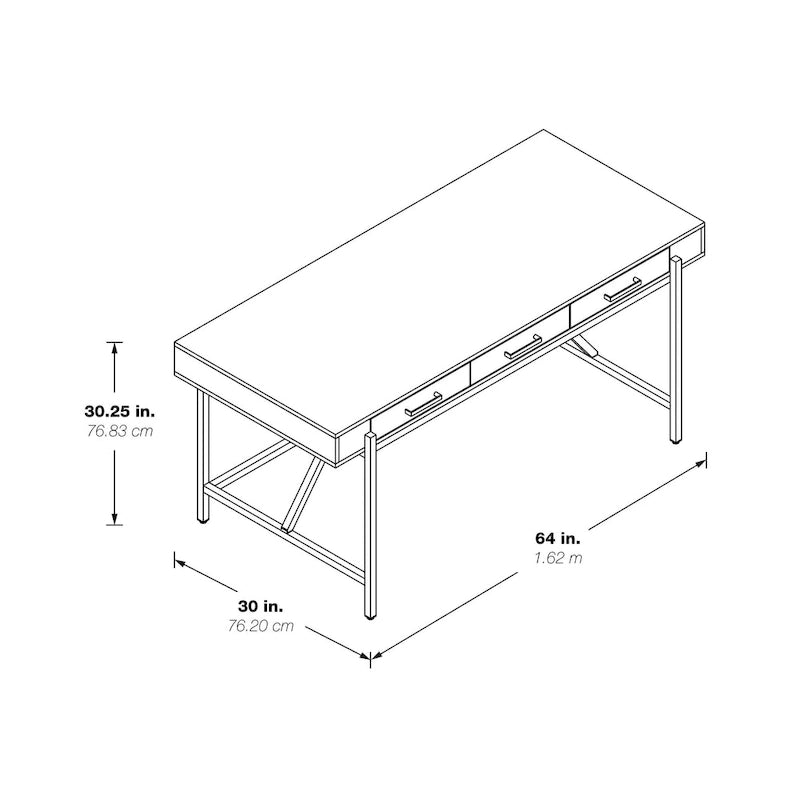 Bureau moderne blanc laqué pour télétravail avec 3 tiroirs | Pieds dorés, station de charge, 162,5 cm de large