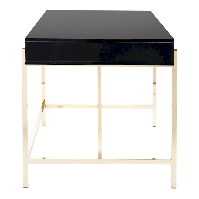 Bureau moderne blanc laqué pour télétravail avec 3 tiroirs | Pieds dorés, station de charge, 162,5 cm de large