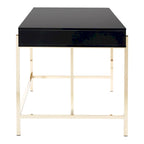 Bureau moderne blanc laqué pour télétravail avec 3 tiroirs | Pieds dorés, station de charge, 162,5 cm de large