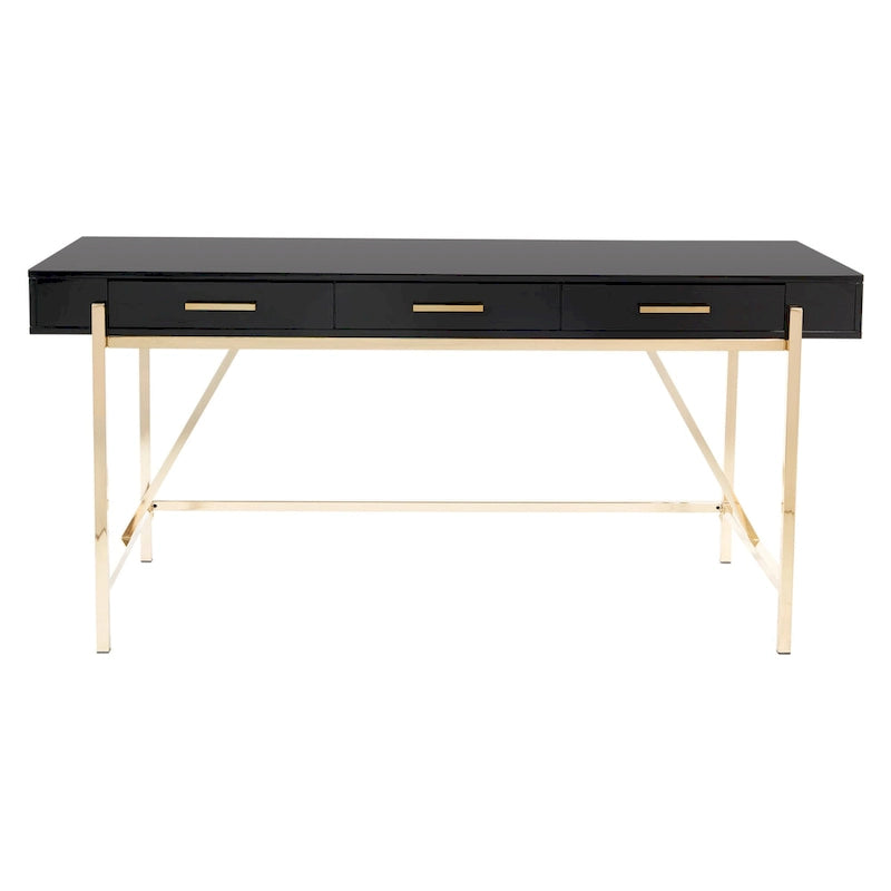 Bureau moderne blanc laqué pour télétravail avec 3 tiroirs | Pieds dorés, station de charge, 162,5 cm de large