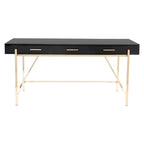 Bureau moderne blanc laqué pour télétravail avec 3 tiroirs | Pieds dorés, station de charge, 162,5 cm de large