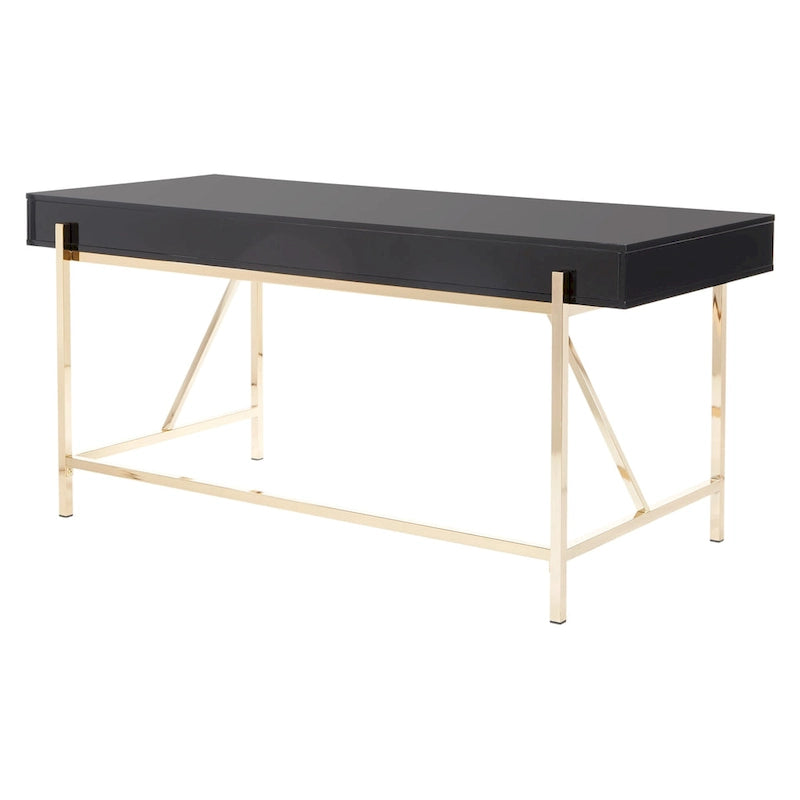 Bureau moderne blanc laqué pour télétravail avec 3 tiroirs | Pieds dorés, station de charge, 162,5 cm de large