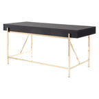 Bureau moderne blanc laqué pour télétravail avec 3 tiroirs | Pieds dorés, station de charge, 162,5 cm de large