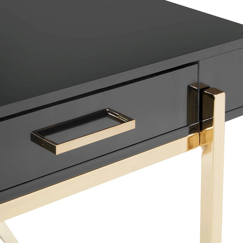 Bureau moderne blanc laqué pour télétravail avec 3 tiroirs | Pieds dorés, station de charge, 162,5 cm de large