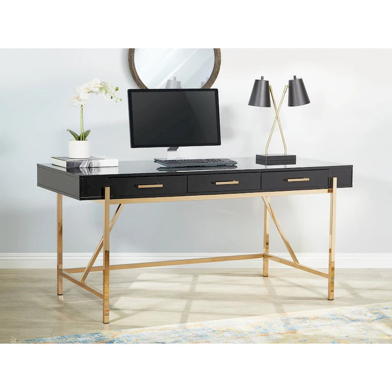 Bureau moderne blanc laqué pour télétravail avec 3 tiroirs | Pieds dorés, station de charge, 162,5 cm de large