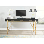 Bureau moderne blanc laqué pour télétravail avec 3 tiroirs | Pieds dorés, station de charge, 162,5 cm de large