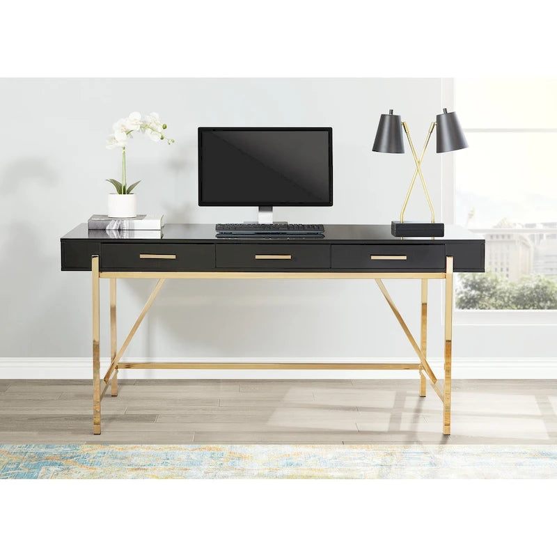 Bureau moderne blanc laqué pour télétravail avec 3 tiroirs | Pieds dorés, station de charge, 162,5 cm de large