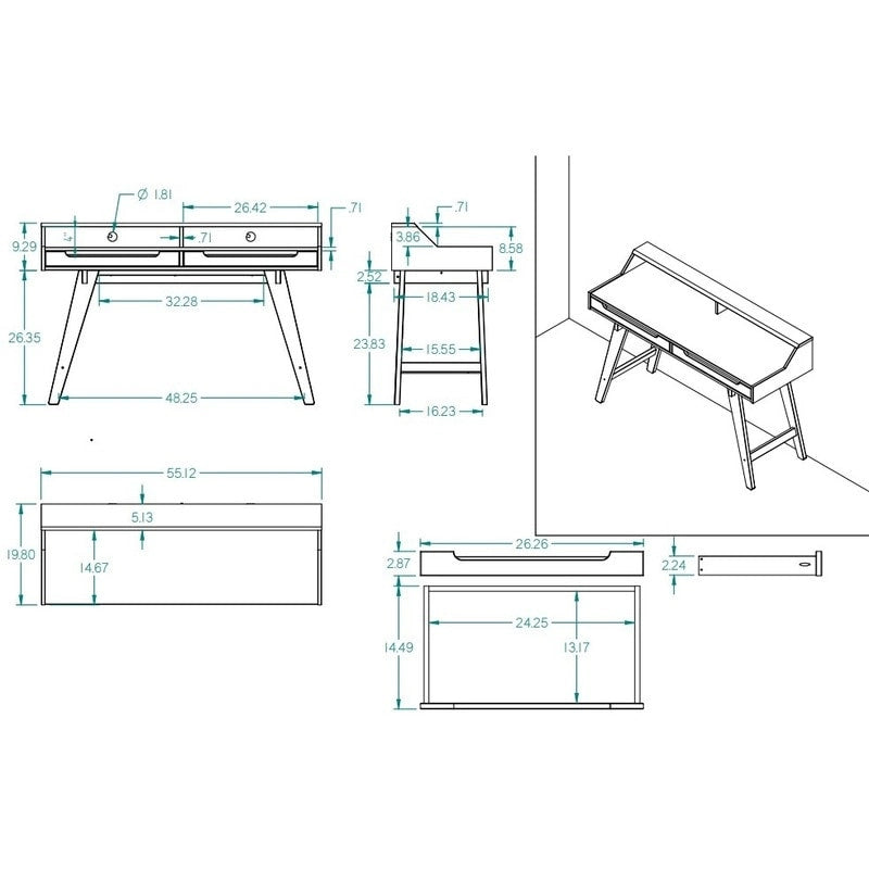 Bureau d'écriture à deux tiroirs | Bureau compact pour la maison avec rangement, style moderne