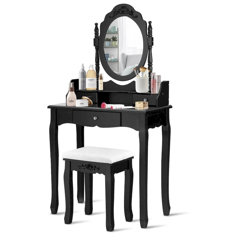 Coiffeuse et tabouret de maquillage miroir | Cadre en bois, noir ou blanc