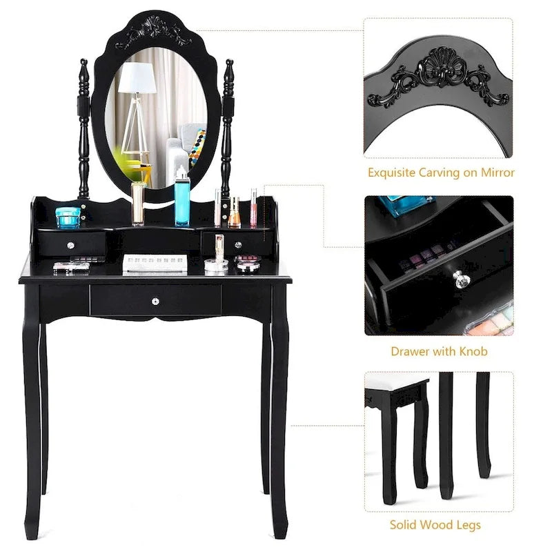 Coiffeuse et tabouret de maquillage miroir | Cadre en bois, noir ou blanc