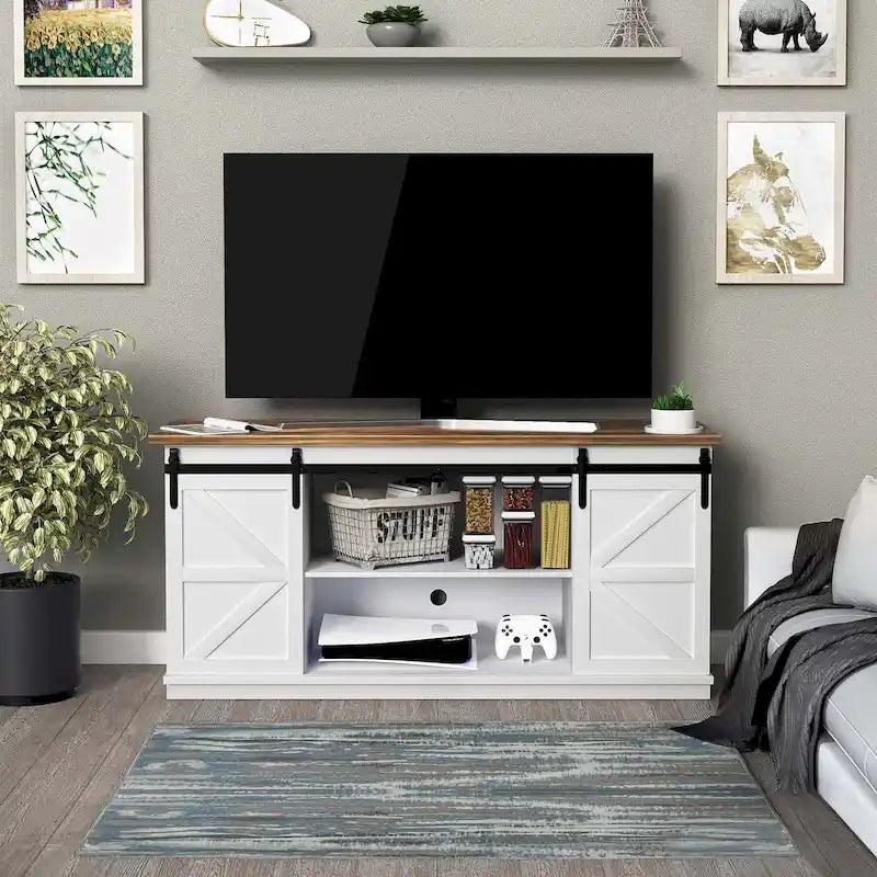 Meuble TV de ferme moderne avec porte coulissante | 2 étagères, convient aux téléviseurs de 43" à 65"