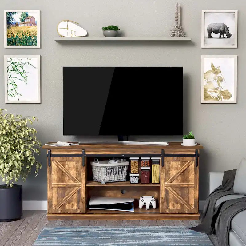 Meuble TV de ferme moderne avec porte coulissante | 2 étagères, convient aux téléviseurs de 43" à 65"