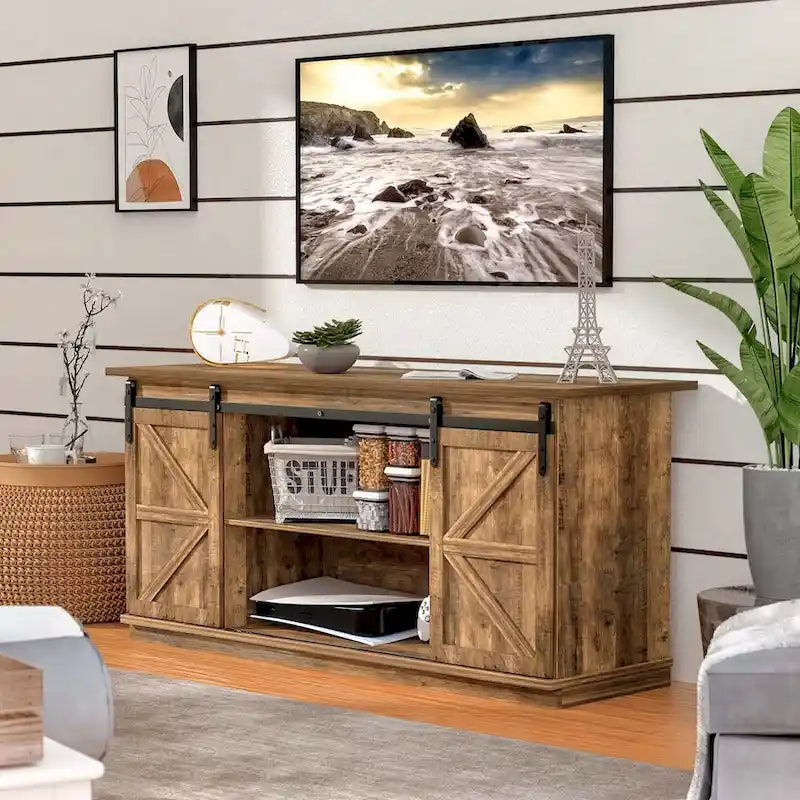 Meuble TV de ferme moderne avec porte coulissante | 2 étagères, convient aux téléviseurs de 43" à 65"