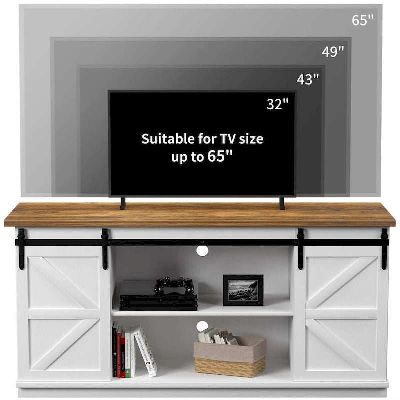 Meuble TV de ferme moderne avec porte coulissante | 2 étagères, convient aux téléviseurs de 43" à 65"